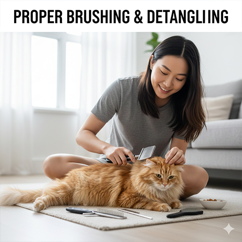 Chải lông và gỡ rối đúng cách cho mèo bằng slicker lược răng thưa và thao tác nhẹ nhàng