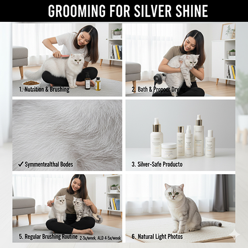 Cô gái chăm sóc hai chú mèo Anh silver, minh họa quy trình chải lông, tắm, dùng sản phẩm dưỡng và chụp ảnh dưới ánh sáng tự nhiên để giữ màu bạc sáng bóng.