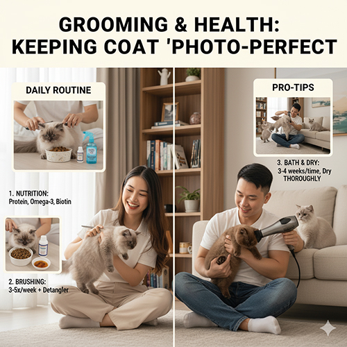 Cặp đôi chăm sóc hai chú mèo Anh lông ngắn và lông dài trong phòng khách, minh họa các bước dưỡng lông, chải, tắm và giữ màu lông đẹp khi chụp ảnh.