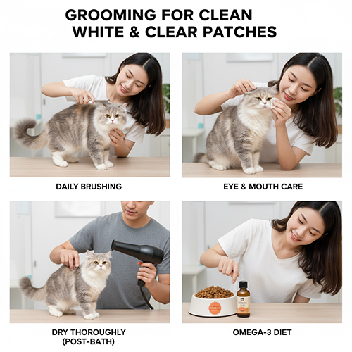 Cô gái chăm sóc mèo Anh lông dài với các bước chải lông, lau mắt, sấy khô và cho ăn bổ sung Omega-3 để giữ bộ lông trắng sạch và mảng rõ