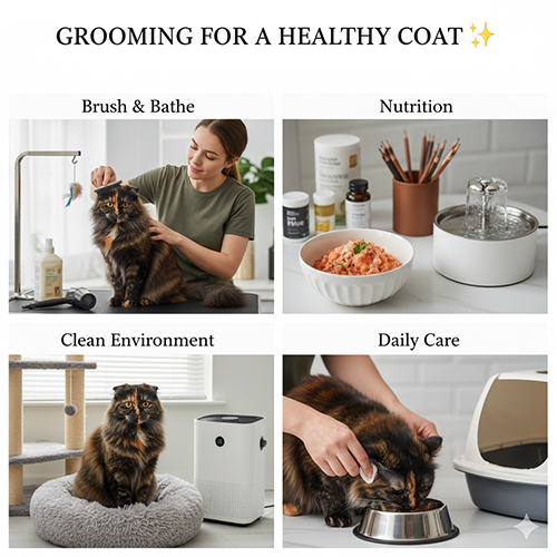 bộ ảnh minh họa chăm sóc mèo đồi mồi gồm chải tắm, dinh dưỡng, môi trường sạch và chăm sóc hằng ngày