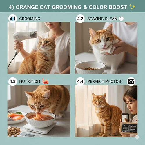 Minh họa chăm sóc lông mèo cam gồm chải lông, vệ sinh, dinh dưỡng và chụp ảnh giúp màu cam lên đẹp