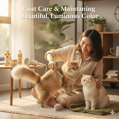 Cô gái chải lông cho mèo Anh màu golden và cream trong phòng khách đầy ánh nắng, xung quanh có lược, xịt dưỡng và dầu gội chăm sóc lông.