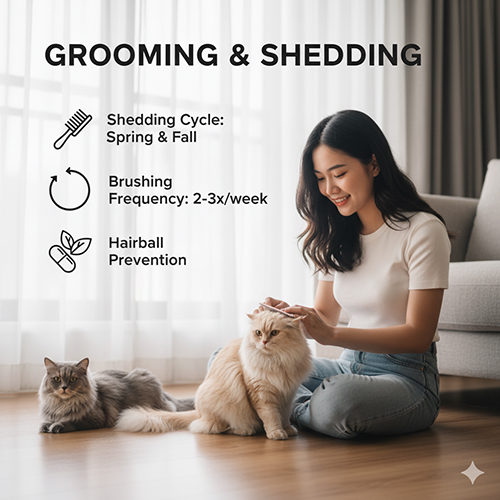 Cô gái ngồi chải lông cho mèo Anh lông dài trong phòng sáng, minh họa chăm sóc và chu kỳ rụng lông của mèo ALD.