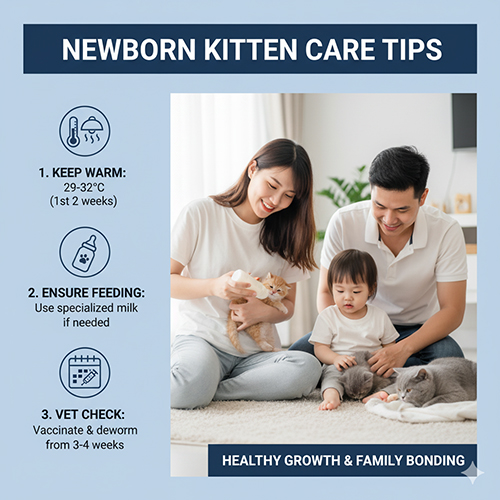 Gia đình Việt chăm mèo con sơ sinh giống Anh lông ngắn, minh họa các bước giữ ấm, cho bú và kiểm tra thú y