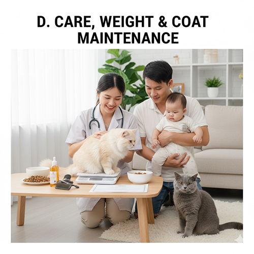 Bác sĩ thú y kiểm tra mèo Anh golden trên bàn trong khi gia đình trẻ ôm mèo xám, minh họa cho phần chăm sóc, cân nặng và bảo dưỡng lông mèo Anh.