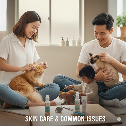 Gia đình đang chăm sóc và chải lông cho mèo với các sản phẩm dưỡng da, minh họa cho hướng dẫn chăm sóc da và xử lý vấn đề da thường gặp ở mèo.