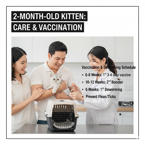 Bác sĩ thú y tư vấn cho cặp đôi trẻ khi mang mèo Anh lông ngắn 2 tháng tuổi đi tiêm phòng trong phòng khám sạch sẽ