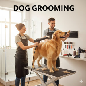 Chăm sóc lông chó chuyên nghiệp – Groomer đang sấy và tỉa lông cho chú chó Golden Retriever trên bàn làm đẹp.