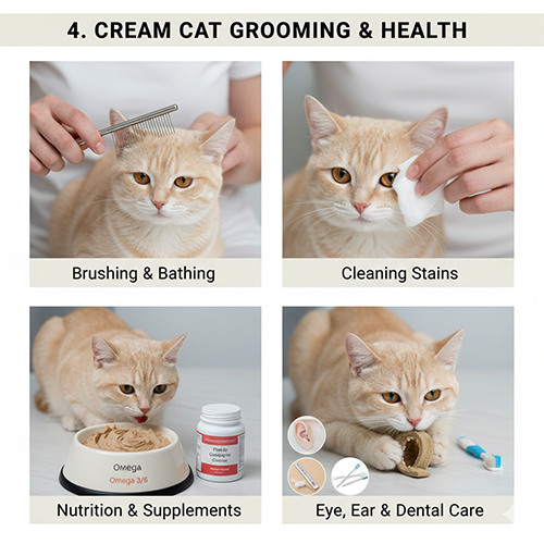 Chăm sóc mèo màu kem gồm chải lông, làm sạch vết ố, dinh dưỡng và vệ sinh mắt tai răng để giữ lông sáng