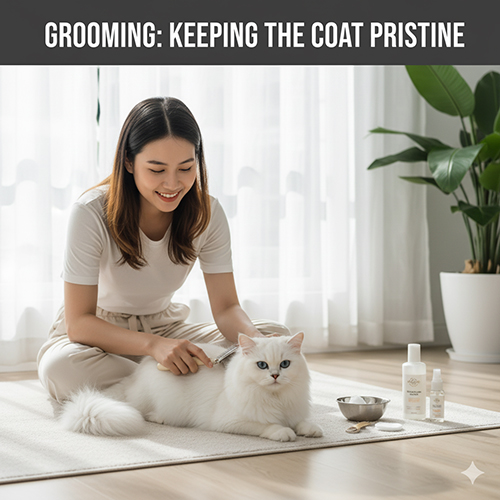 Cô gái đang chải lông cho mèo Anh lông dài trắng trong phòng sáng sủa, cạnh bộ sản phẩm chăm sóc lông chuyên dụng