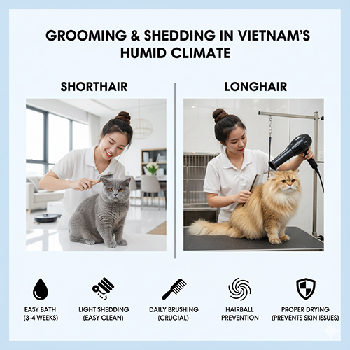 Cô gái chải lông cho mèo Anh lông ngắn và sấy lông cho mèo Anh lông dài – minh họa sự khác biệt trong chăm sóc lông giữa hai giống mèo trong khí hậu nóng ẩm Việt Nam