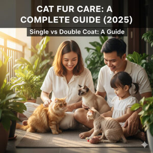 Gia đình hạnh phúc đang chăm sóc và vuốt ve những chú mèo trong nhà, minh họa cho bài viết hướng dẫn chăm sóc lông mèo toàn diện.