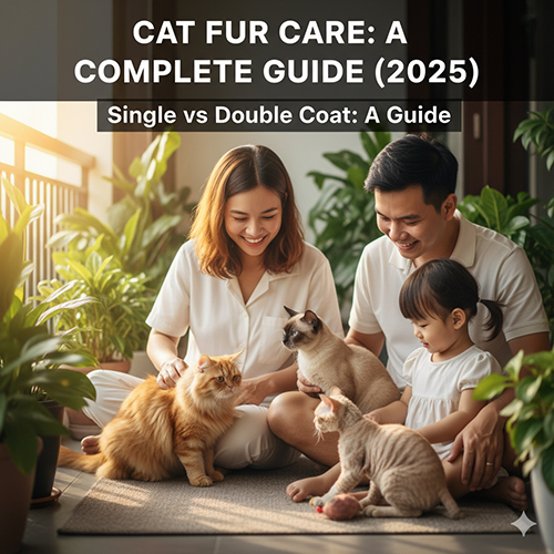 Gia đình hạnh phúc đang chăm sóc và vuốt ve những chú mèo trong nhà, minh họa cho bài viết hướng dẫn chăm sóc lông mèo toàn diện.