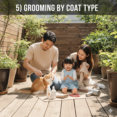 Hướng dẫn grooming cho mèo theo loại lông: lông ngắn, lông dài, không lông và mặt ngắn; kèm tần suất chải, tắm, cắt móng và vệ sinh.