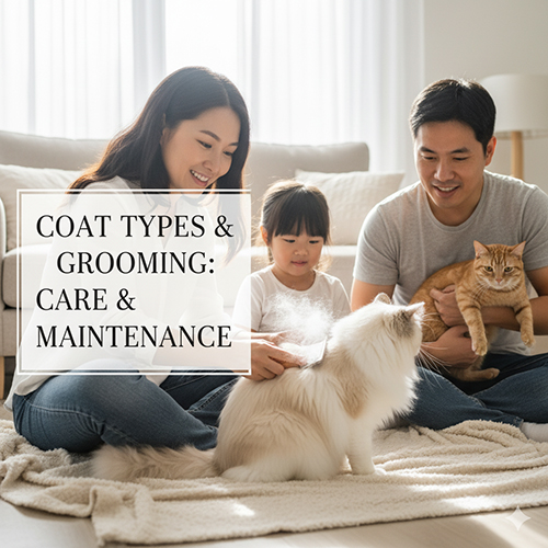 Gia đình chăm sóc và chải lông cho mèo lông dài trong phòng khách sáng sủa, thể hiện quy trình grooming và phân biệt kiểu lông mèo