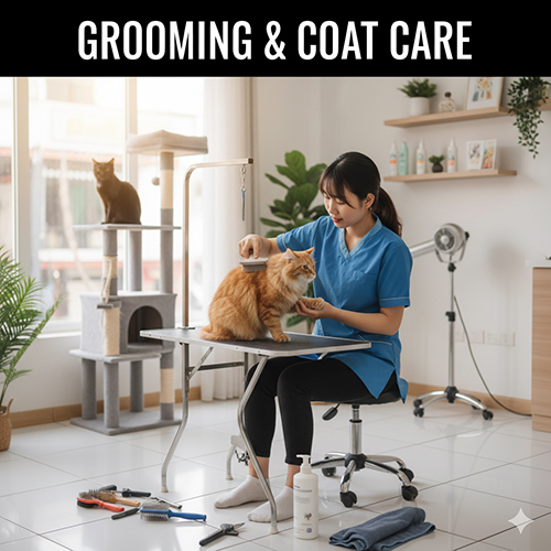 Nhân viên grooming đang chải lông cho mèo lông dài trên bàn trong phòng sáng sủa, minh họa chủ đề chăm sóc lông và da cho mèo.