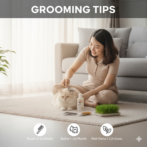 Chăm sóc lông và vệ sinh cho mèo Anh lông dài – Hình ảnh cô gái chải lông cho mèo British Longhair trắng trong phòng khách, kèm các dụng cụ grooming và lọ sữa tắm.