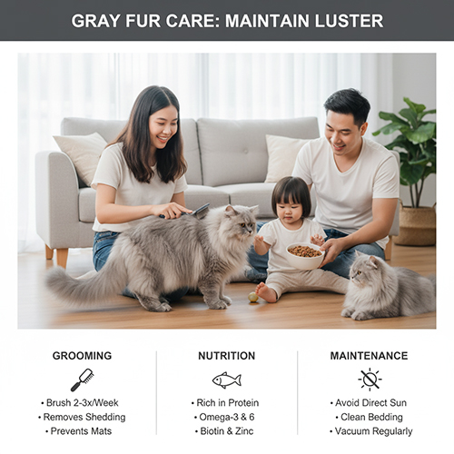 Gia đình chăm sóc hai chú mèo Anh lông dài màu xám, minh họa cách giữ lông xanh khói óng mượt và khỏe mạnh