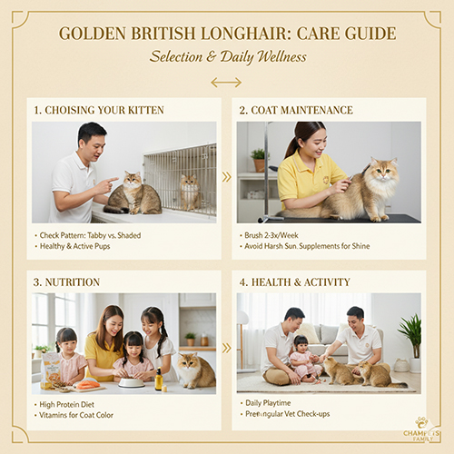 Cách chọn và chăm sóc mèo Anh lông dài Golden để giữ lông vàng óng và sức khỏe tốt