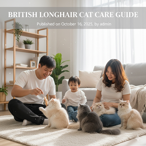 Gia đình chơi đùa cùng bốn mèo Anh lông dài trong phòng khách sáng, minh họa hướng dẫn chăm sóc mèo ALD.