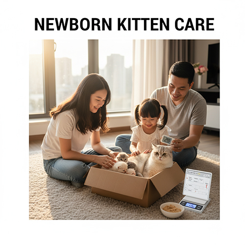 Gia đình trẻ chăm sóc mèo Anh lông ngắn mẹ và đàn con sơ sinh trong hộp ổ, dùng cân điện tử để theo dõi cân nặng từng bé