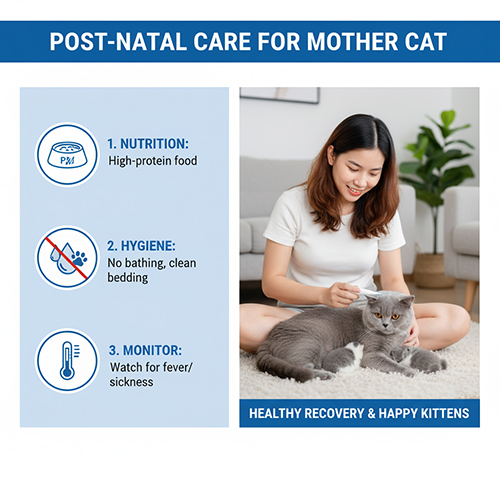 Cô gái chăm sóc mèo Anh lông ngắn sau sinh, minh họa các bước vệ sinh, dinh dưỡng và theo dõi sức khỏe cho mèo mẹ