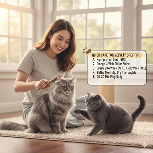 Cô gái trẻ đang chải lông cho hai bé mèo Anh xám trong phòng sáng tự nhiên, cả hai bé có bộ lông mượt và dáng tròn đáng yêu