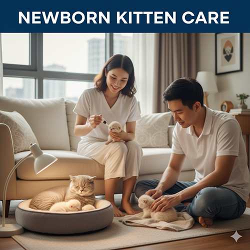 Cặp vợ chồng trẻ chăm mèo Anh lông ngắn mẹ và mèo con sơ sinh trong căn hộ ấm cúng, minh họa hướng dẫn giữ ấm và cho bú