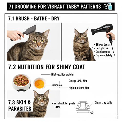 Hướng dẫn chải lông tắm sấy và dinh dưỡng giúp hoa văn mèo tabby rõ nét và bóng đẹp