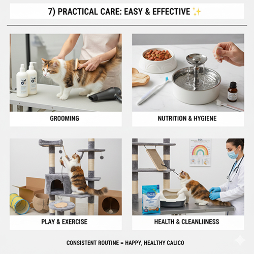 Các bước chăm sóc mèo tam thể calico gồm grooming, dinh dưỡng, vận động và kiểm tra sức khỏe