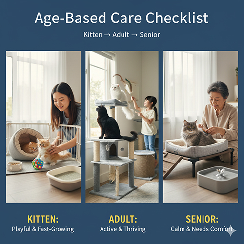 Hình ảnh ba giai đoạn chăm sóc mèo từ mèo con, mèo trưởng thành đến mèo già trong môi trường gia đình