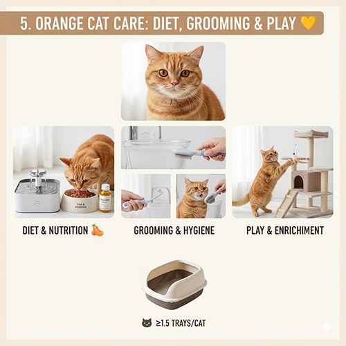 Hình minh họa các bước chăm sóc mèo vàng gồm ăn uống, grooming và chơi đùa