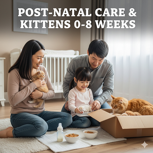 Gia đình chăm sóc mèo mẹ và mèo con sơ sinh trong hộp đẻ, minh họa quá trình nuôi dưỡng và chăm sóc mèo con từ 0 đến 8 tuần tuổi