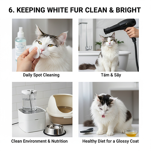 Các bước chăm sóc vùng lông trắng mèo bicolor gồm vệ sinh hằng ngày tắm sấy môi trường sạch và dinh dưỡng