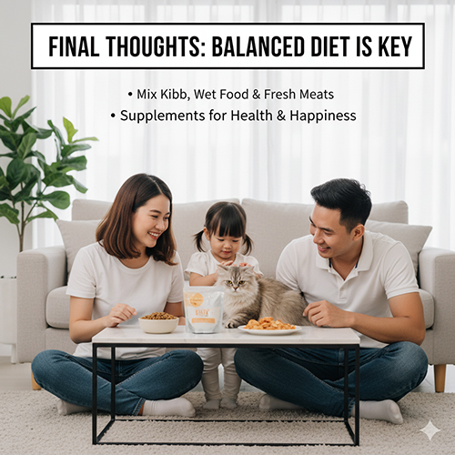 Gia đình cho mèo Anh lông dài ăn kết hợp hạt khô, pate và thịt tươi giúp cân bằng dinh dưỡng và sức khỏe tốt