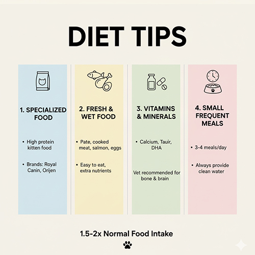 Infographic hướng dẫn chế độ ăn cho mèo Anh lông ngắn mang thai với các nhóm thực phẩm và vitamin cần thiết