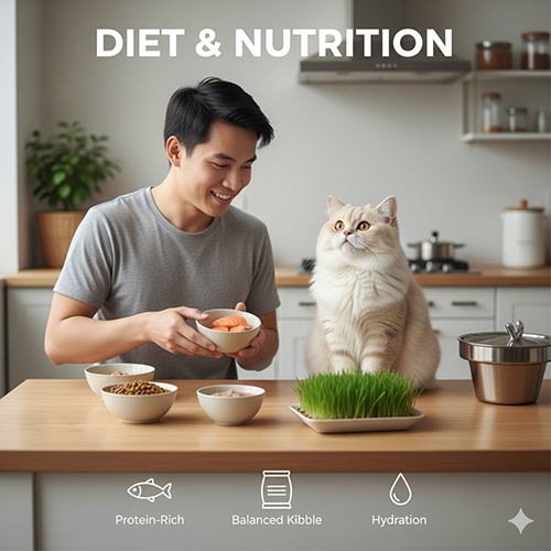 Chế độ ăn và dinh dưỡng cho mèo Anh lông dài – Hình ảnh người đàn ông chuẩn bị bữa ăn với cá hồi, hạt khô và cỏ mèo cho mèo British Longhair trắng trong bếp.