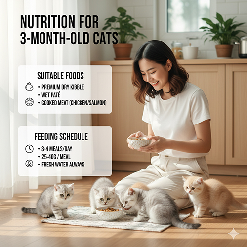 Cô gái trẻ ngồi trên sàn nhà cho bốn mèo Anh lông ngắn 3 tháng tuổi ăn trong phòng bếp sáng sủa