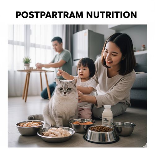 Mèo Anh lông ngắn mẹ ngồi cạnh các bát thức ăn giàu dinh dưỡng như thịt gà, cá, pate và sữa, bên cạnh là gia đình chăm sóc ân cần