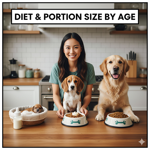 Cô gái ngồi giữa ba chú chó ở các độ tuổi khác nhau – chó con, chó trưởng thành và chó lớn tuổi – mỗi con có bát ăn riêng.