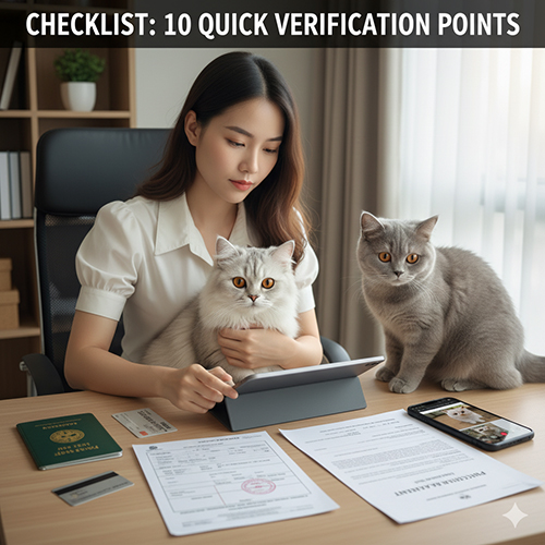 Cô gái ngồi tại bàn với hai mèo Anh, xem giấy tờ và hồ sơ trên máy tính bảng, minh họa cho checklist 10 điểm xác thực nhanh trước khi đặt cọc mua mèo Anh