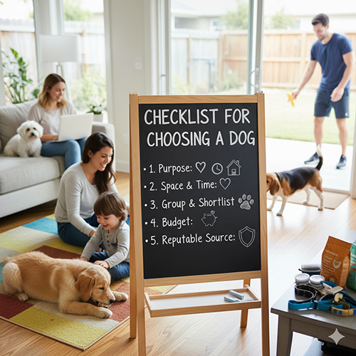 Checklist 5 bước chọn chó nhanh trong gia đình; bảng đen ghi các bước và cảnh gia đình đang chơi với chó trong phòng khách