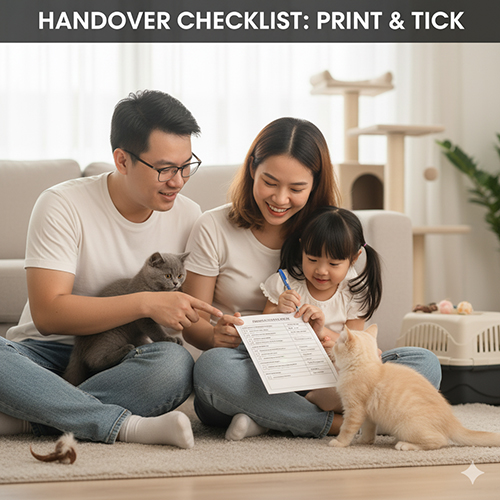 Cô gái trẻ ngồi trên sofa vui vẻ chơi cùng đàn mèo Anh con, tượng trưng cho checklist bàn giao và hướng dẫn chăm sóc khi nhận mèo