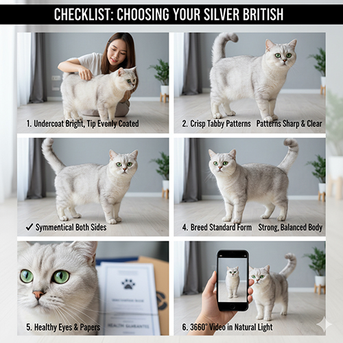 Bộ ảnh sáu khung hướng dẫn cách chọn mèo Anh silver và silver tabby, gồm kiểm tra undercoat sáng, vân sắc nét, form cân đối, mắt khỏe và video 360° dưới ánh sáng tự nhiên.