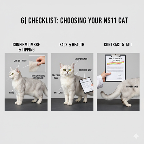 Checklist chọn mèo Silver Shaded ns11 gồm kiểm tra ombré lông, khuôn mặt, đuôi và hồ sơ y tế