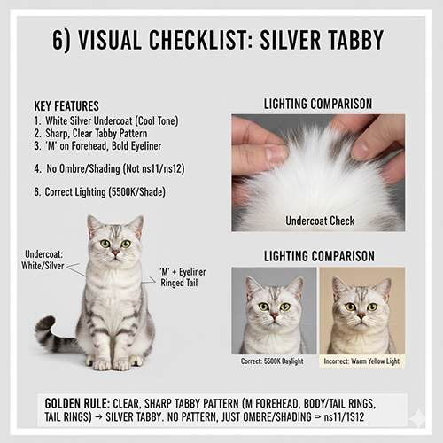 Checklist nhận diện mèo silver tabby chuẩn thị giác với undercoat bạc, pattern rõ và ánh sáng kiểm tra đúng
