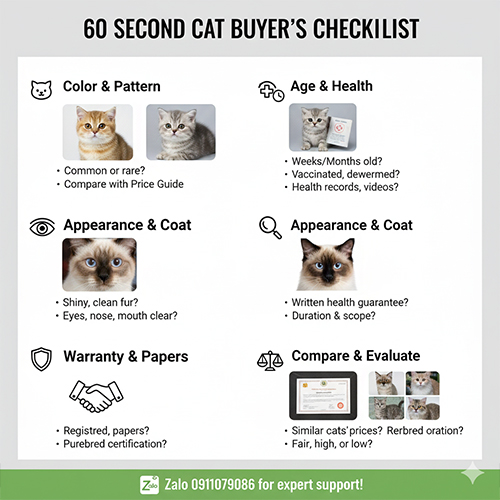 Checklist 60 giây giúp định giá mèo theo màu, tuổi, sức khỏe và bảo hành
