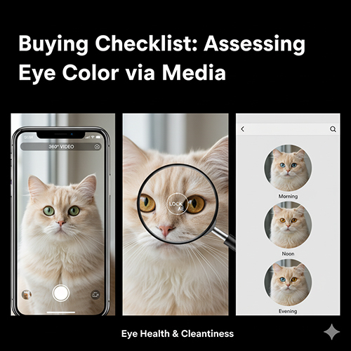 Ảnh minh họa quy trình kiểm tra màu mắt mèo Anh qua ảnh và video, gồm điện thoại quay 360°, phóng đại mắt và so sánh các khung giờ sáng–trưa–chiều.