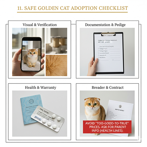 Checklist mua hoặc nhận nuôi mèo Golden an toàn với các bước kiểm tra nguồn gốc và sức khỏe